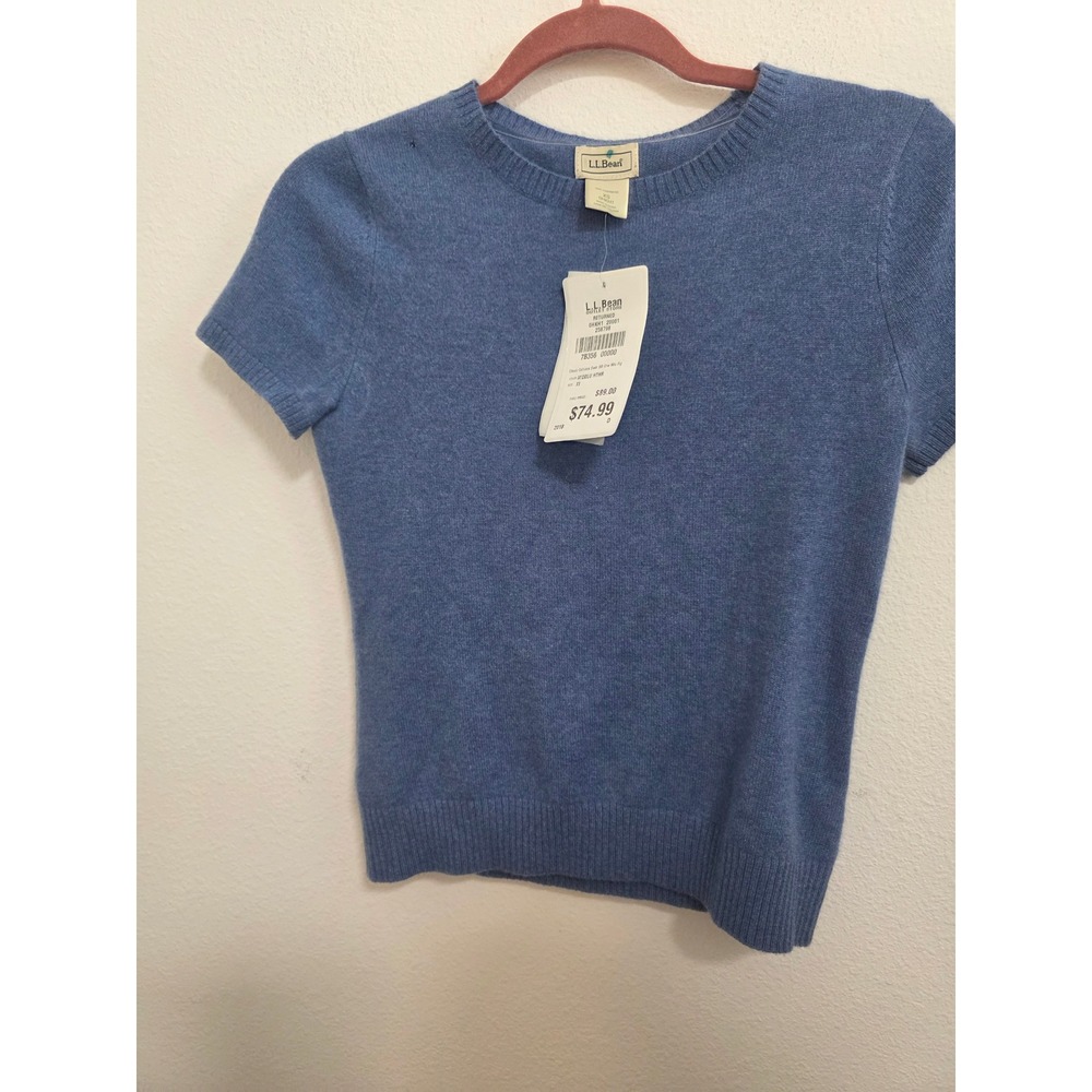 LL Bean Womens XS 100% Cashmere Short Sleeve Crewneck Sweater Mid Blue Heather